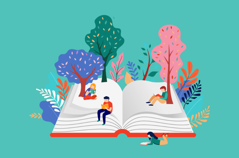 Abstract graphic of students sitting in a book and reading 